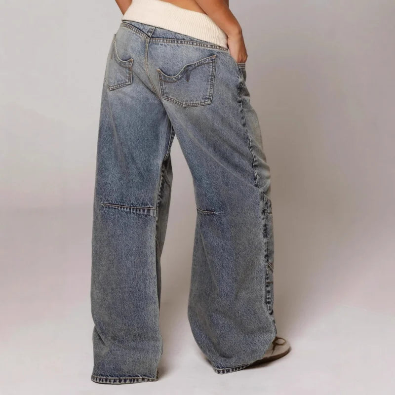 Women's Baggy Jeans Statement Seams Elastic Waist Comfort