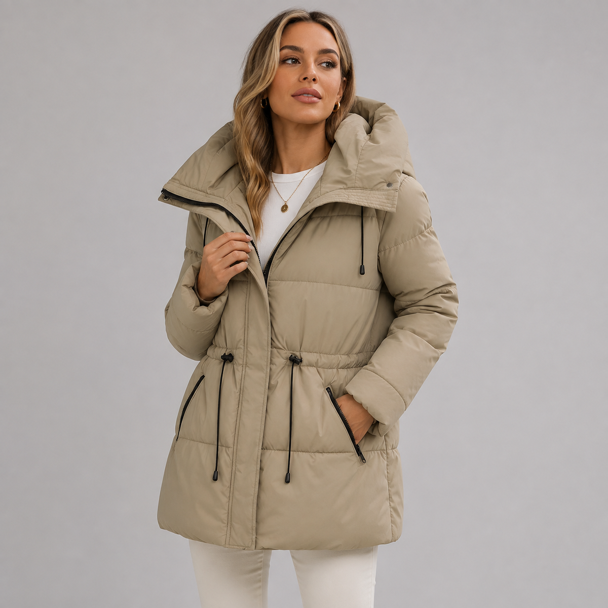 Women's Mid-Length Parka with Hood and Zip Closure