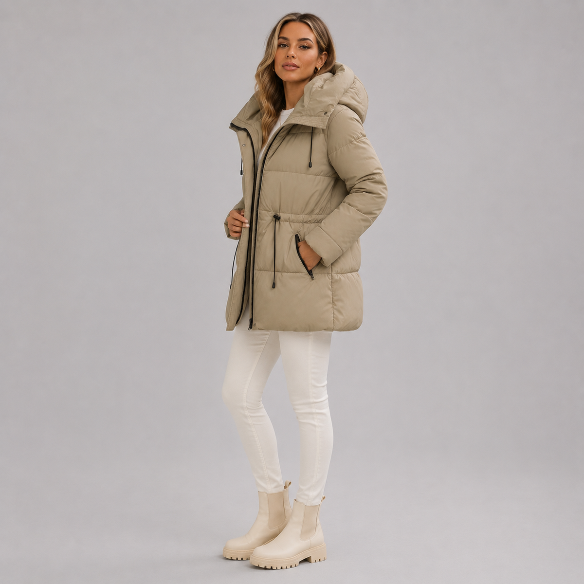Women's Mid-Length Parka with Hood and Zip Closure