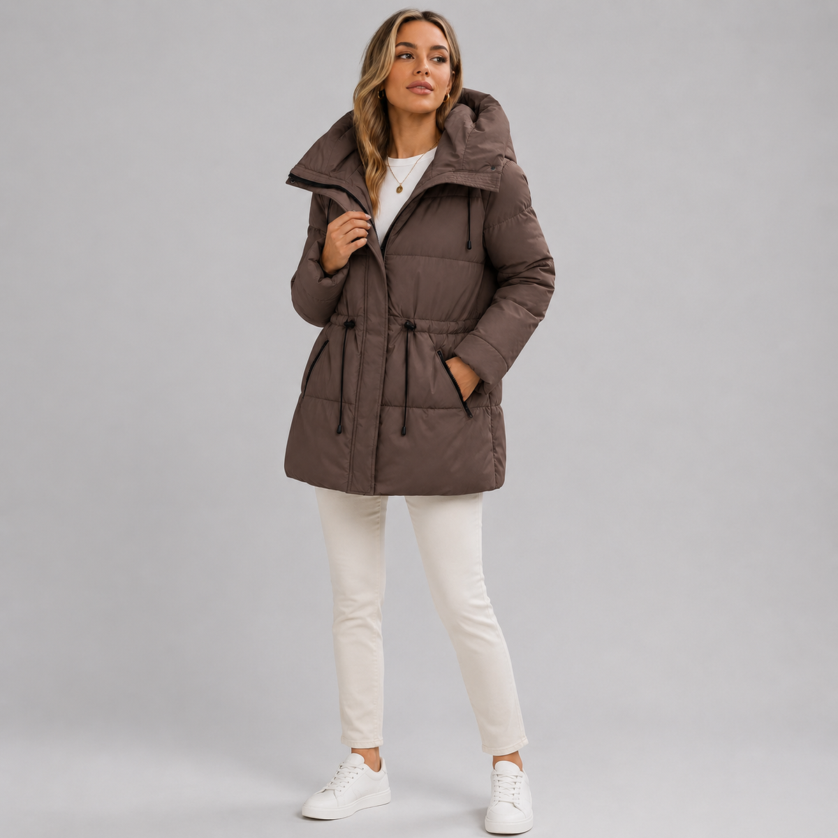 Women's Mid-Length Parka with Hood and Zip Closure