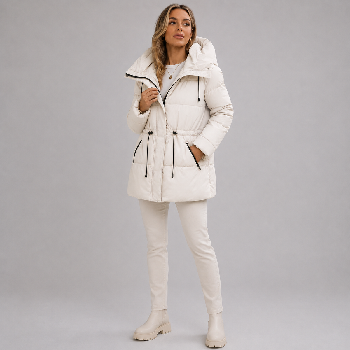 Women's Mid-Length Parka with Hood and Zip Closure