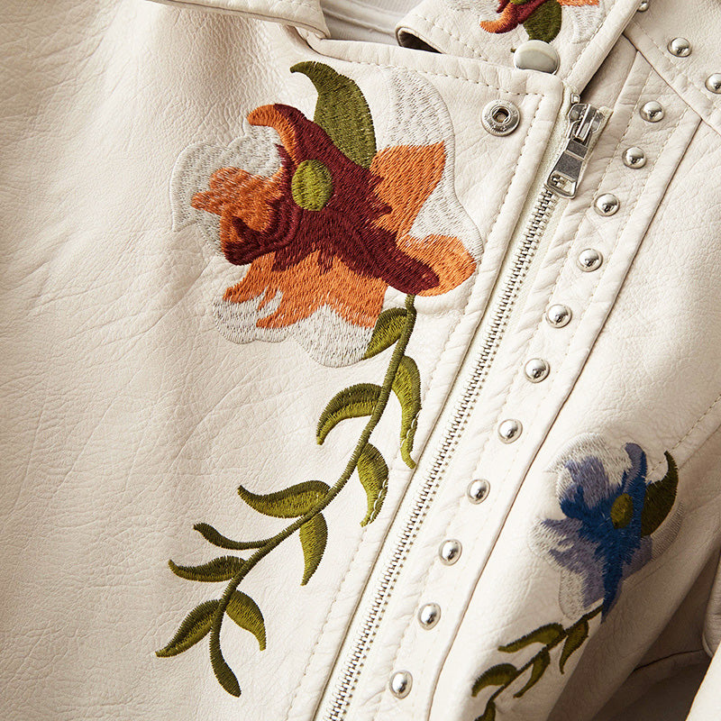 Women's Faux Leather Jacket Floral Embroidery Stud Accents
