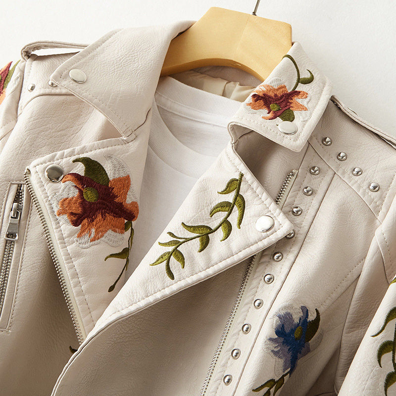 Women's Faux Leather Jacket Floral Embroidery Stud Accents