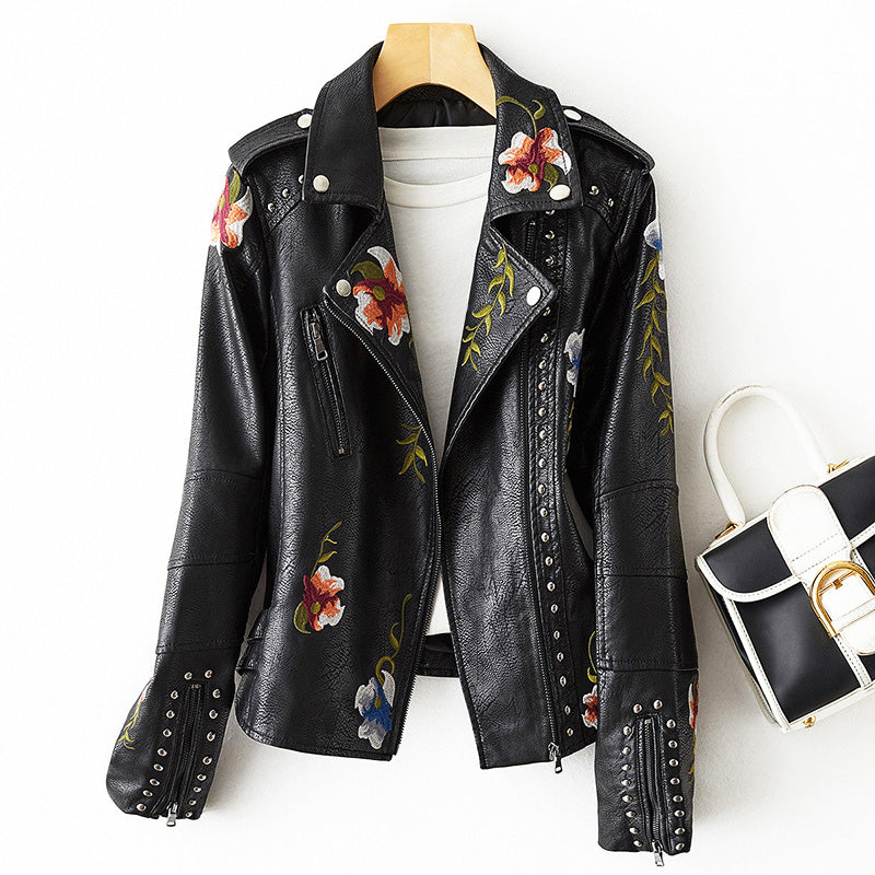 Women's Faux Leather Jacket Floral Embroidery Stud Accents