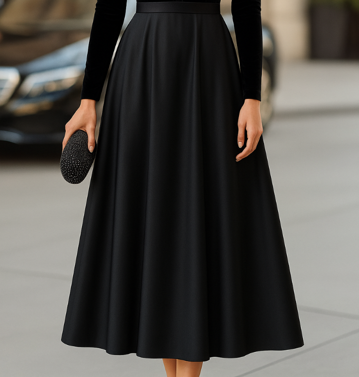Ava | Vestido midi elegante de terciopelo negro y satén