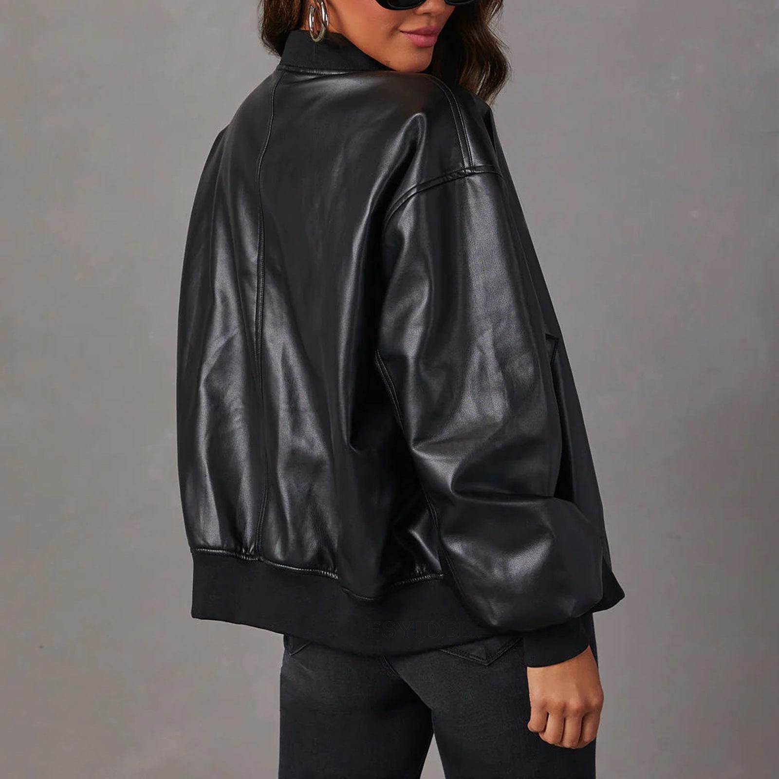 Women's Faux Leather Bomber Jacket Zip-Up Ribbed Cuffs