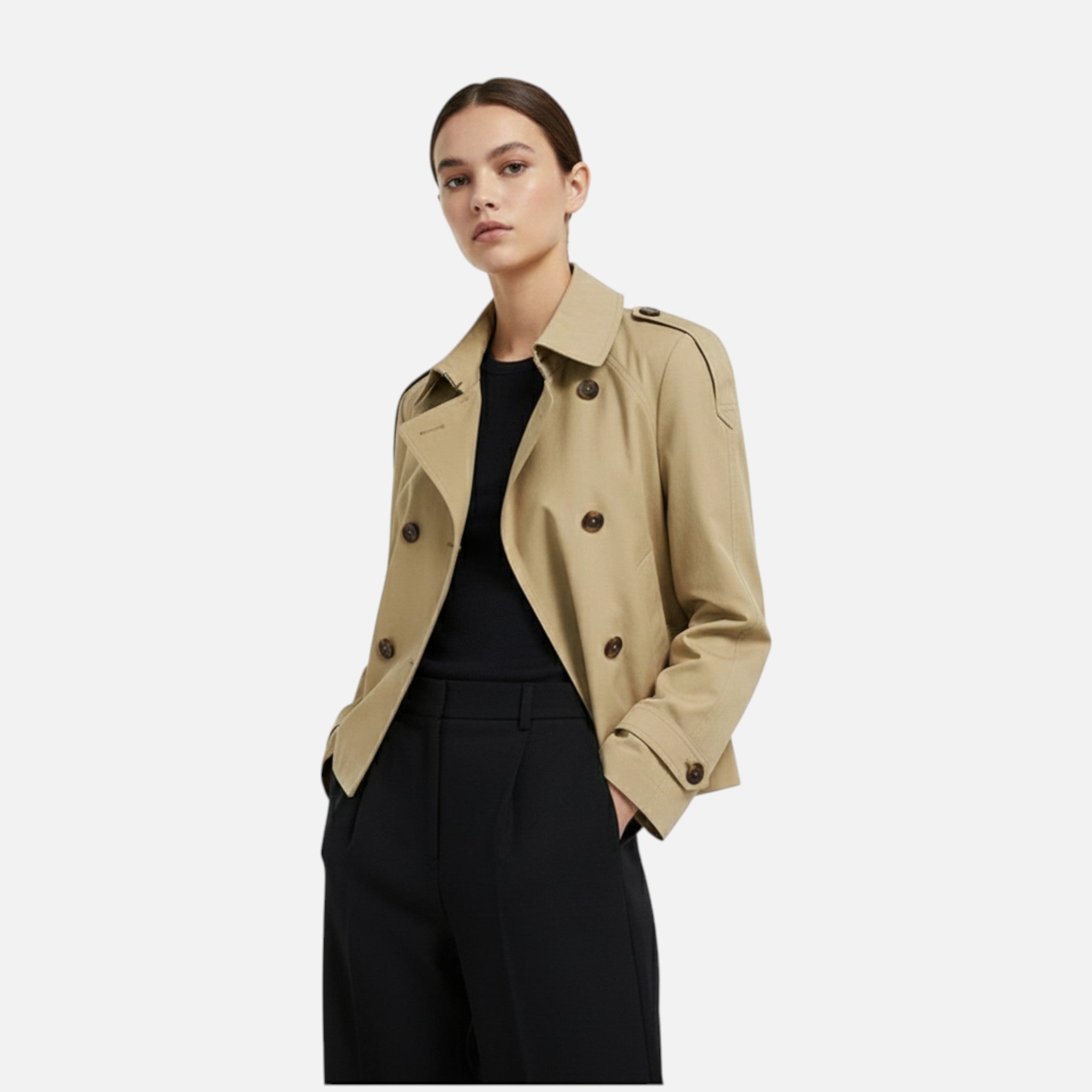 Women's Short Trench Coat Double-Breasted High Neck Belted