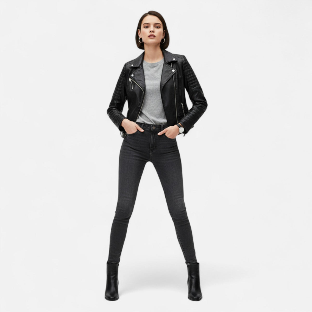Women's Genuine Leather Biker Jacket Long Sleeve Structured