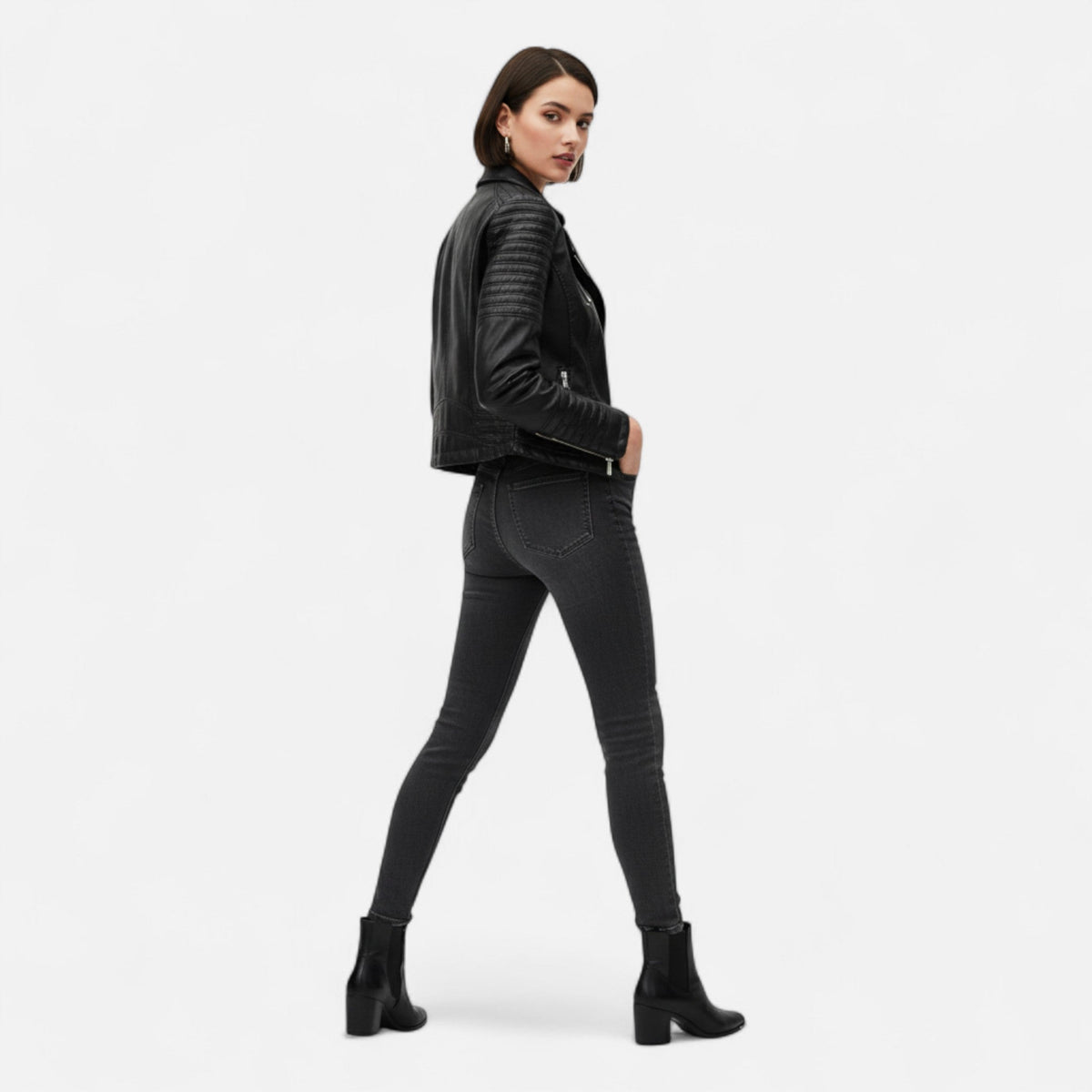 Women's Genuine Leather Biker Jacket Long Sleeve Structured