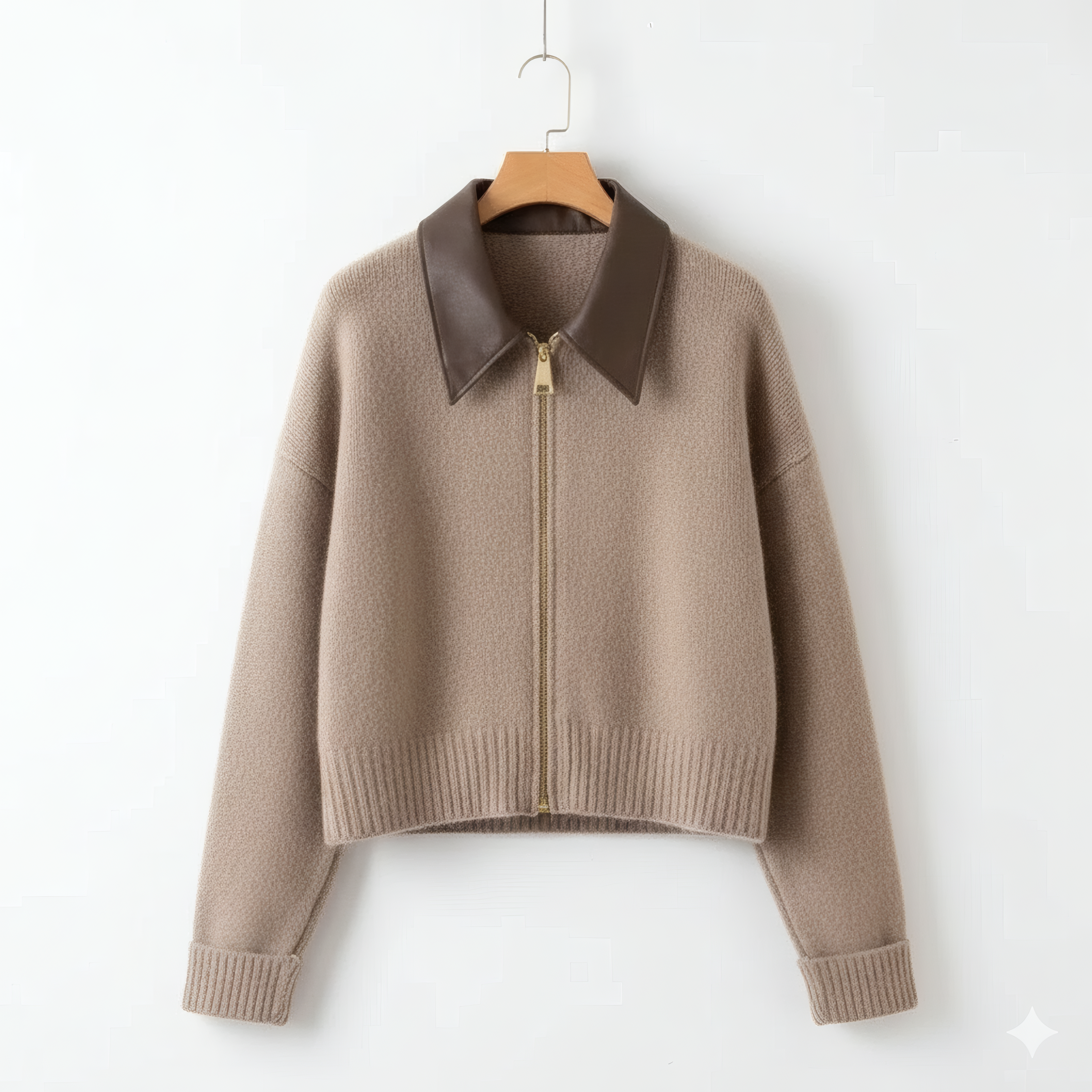 Women's Knit Jacket Faux Leather Polo Collar Full Zip