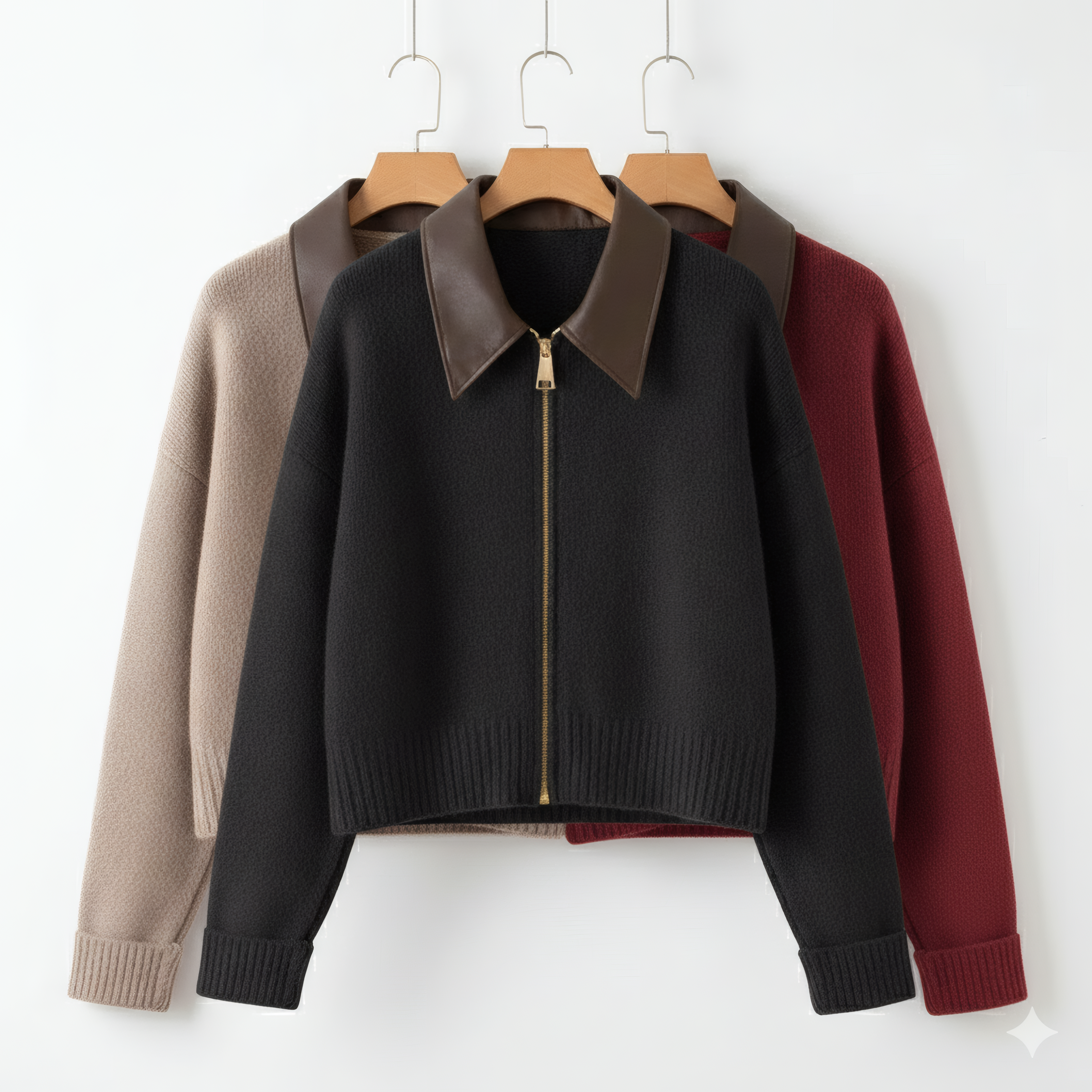 Women's Knit Jacket Faux Leather Polo Collar Full Zip