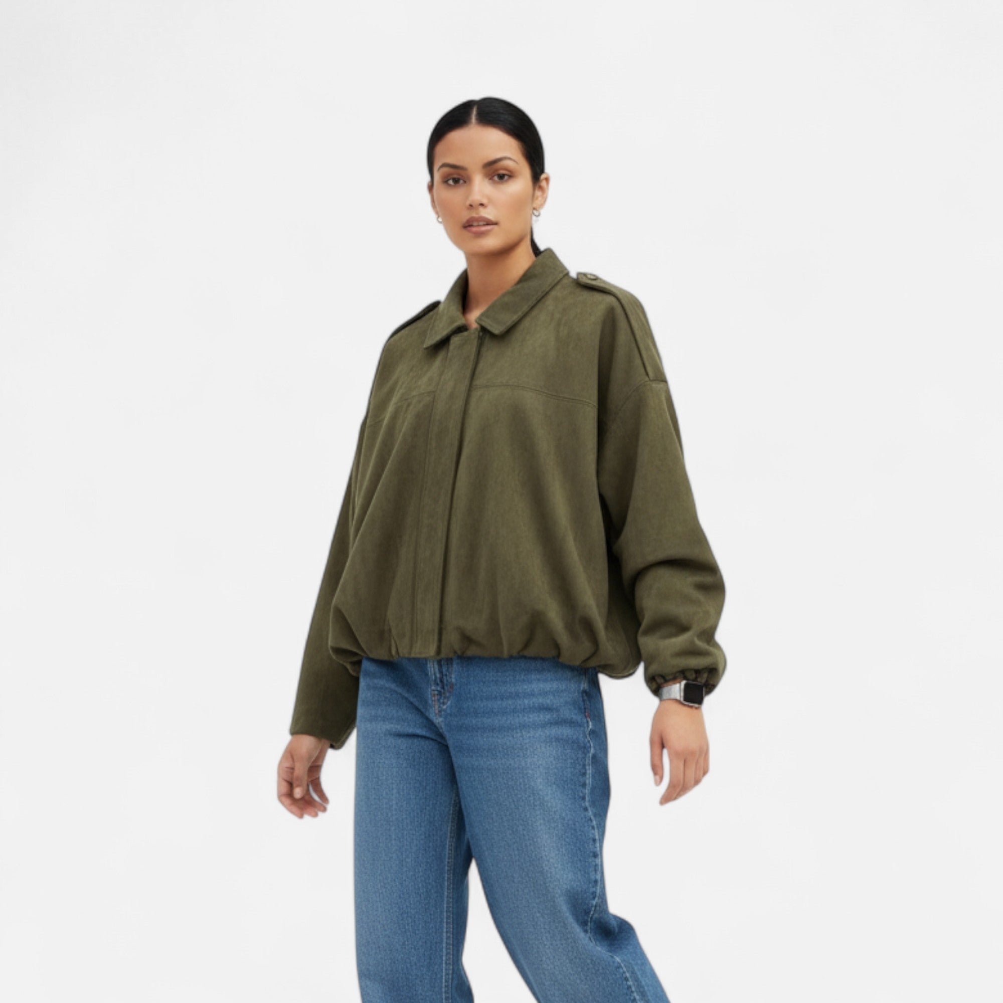 Women's Faux Suede Bomber Jacket Zip-Up Lapel Collar