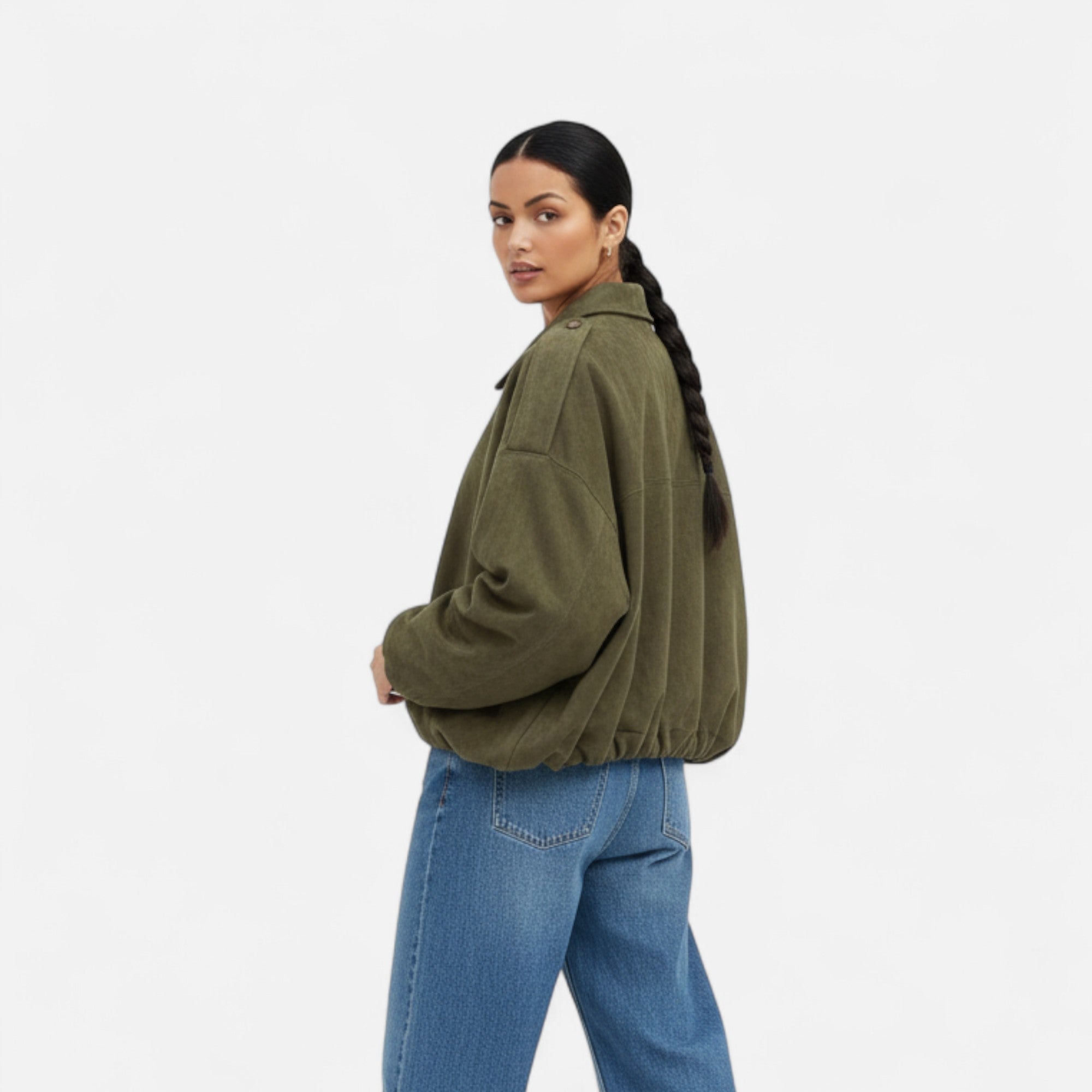 Women's Faux Suede Bomber Jacket Zip-Up Lapel Collar