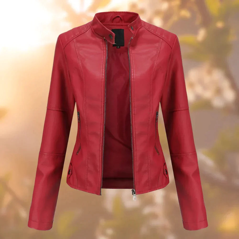 Giacca in pelle da donna, chiusura integrale con zip, colletto corto, struttura definita