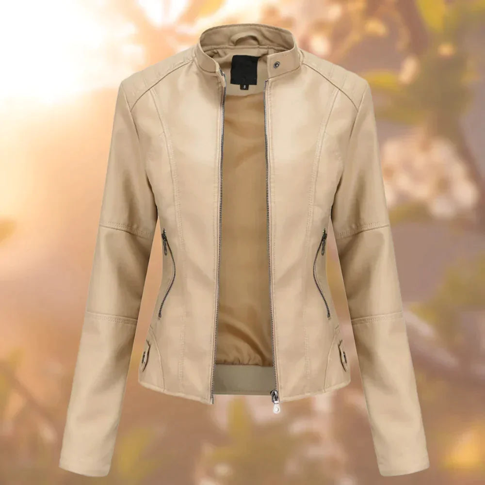 Giacca in pelle da donna, chiusura integrale con zip, colletto corto, struttura definita