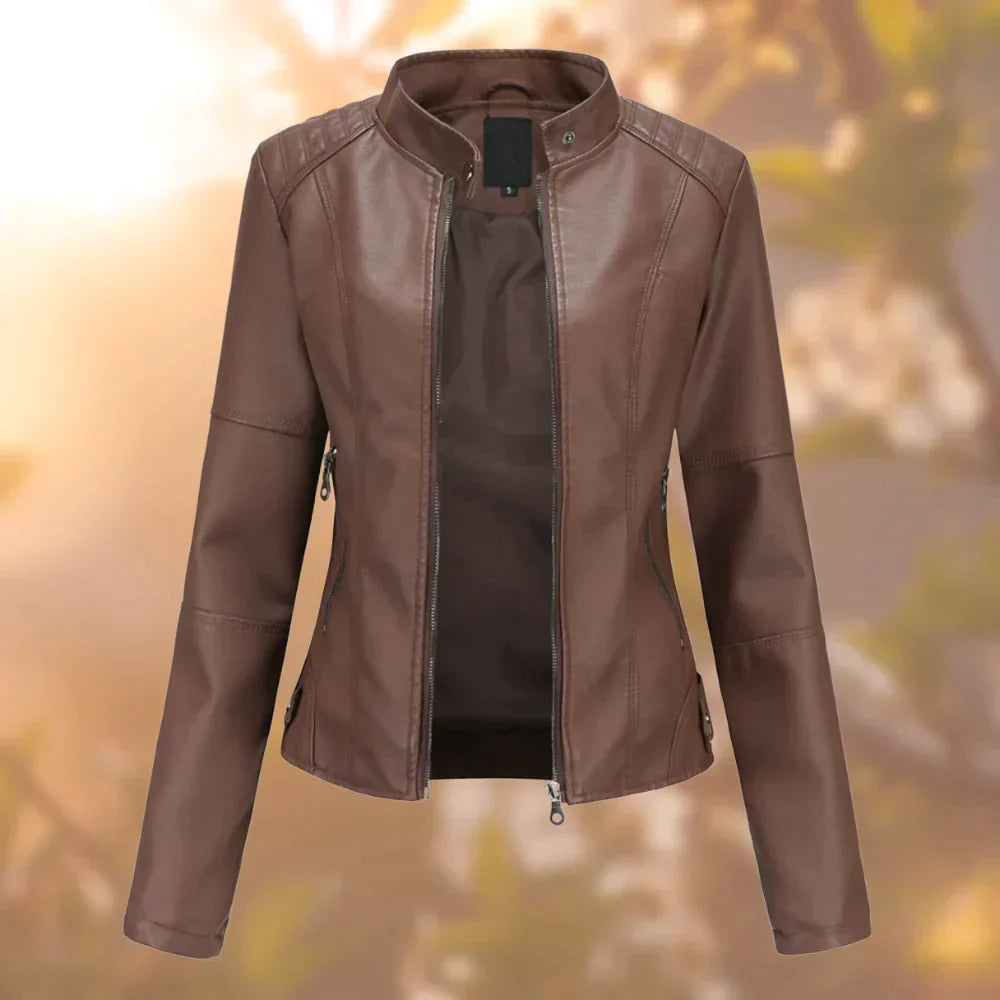 Giacca in pelle da donna, chiusura integrale con zip, colletto corto, struttura definita