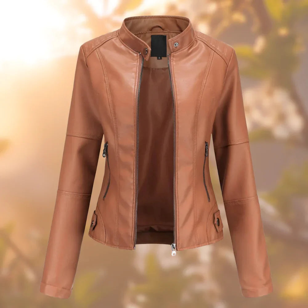 Giacca in pelle da donna, chiusura integrale con zip, colletto corto, struttura definita