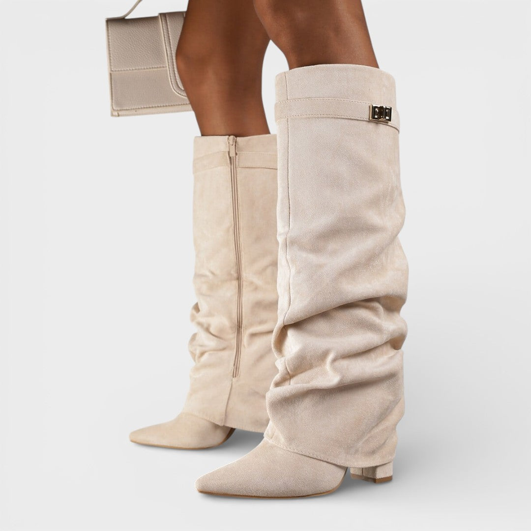 Women's Tall Pointed Toe Boots Ruched Low Heel Buckle