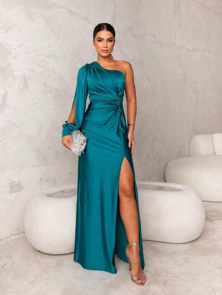 Althea Draped Sleeve Twist Satin Gown