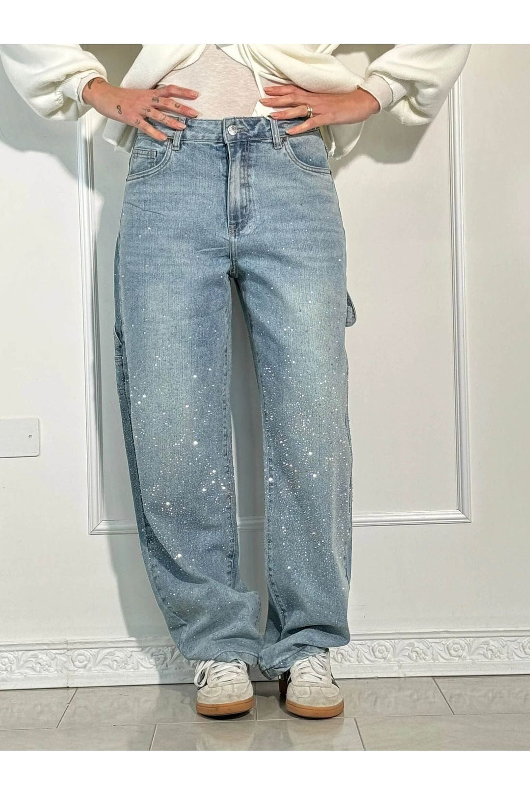 Sparkle Rhinestone Wide-Leg Jeans