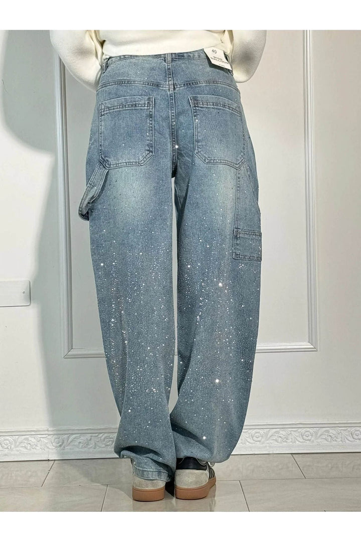 Sparkle Rhinestone Wide-Leg Jeans