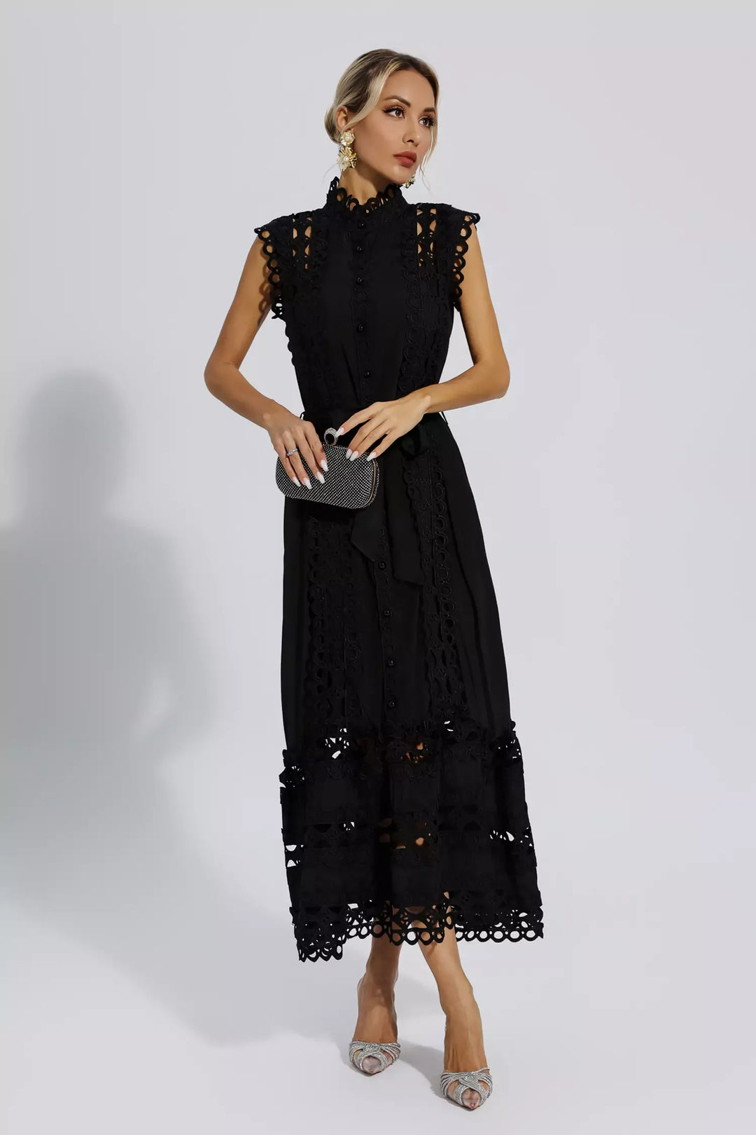 Chelsea Eyelet Midi Dress - Black