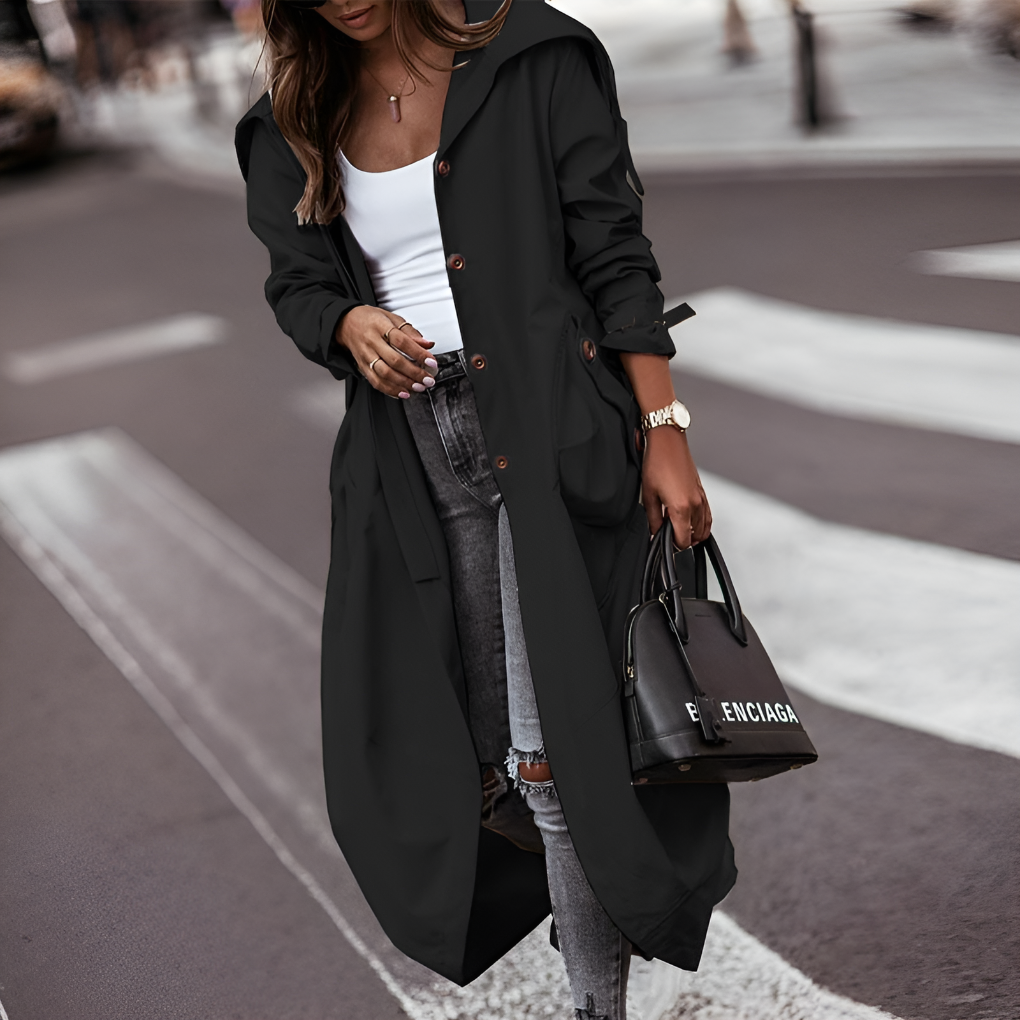 Women's Long Trench Coat Buttoned Front Streamlined