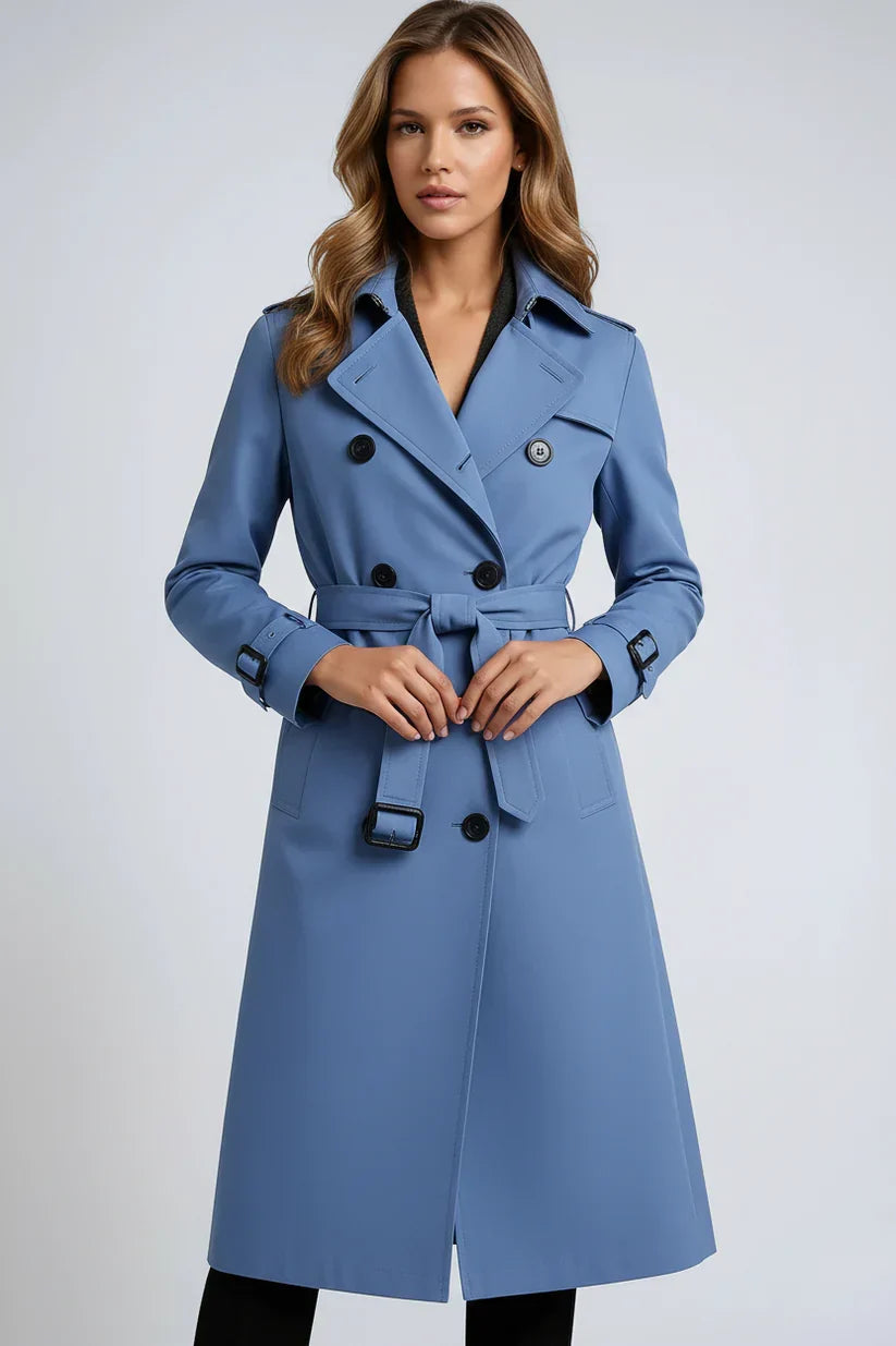 Women's Long Trench Coat with Double Button Closure