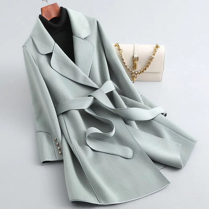 Women's Virgin Wool Trench Coat Self-Tie Sash Pearl Cuffs
