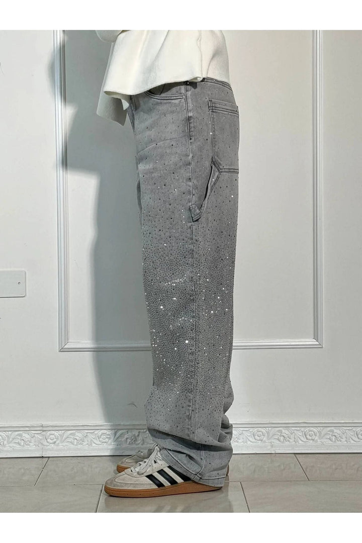 Sparkle Rhinestone Wide-Leg Jeans