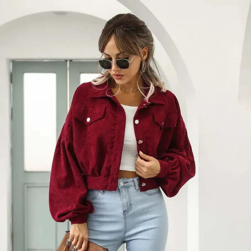 Women's Corduroy Bomber Jacket Cropped Buttoned Collar
