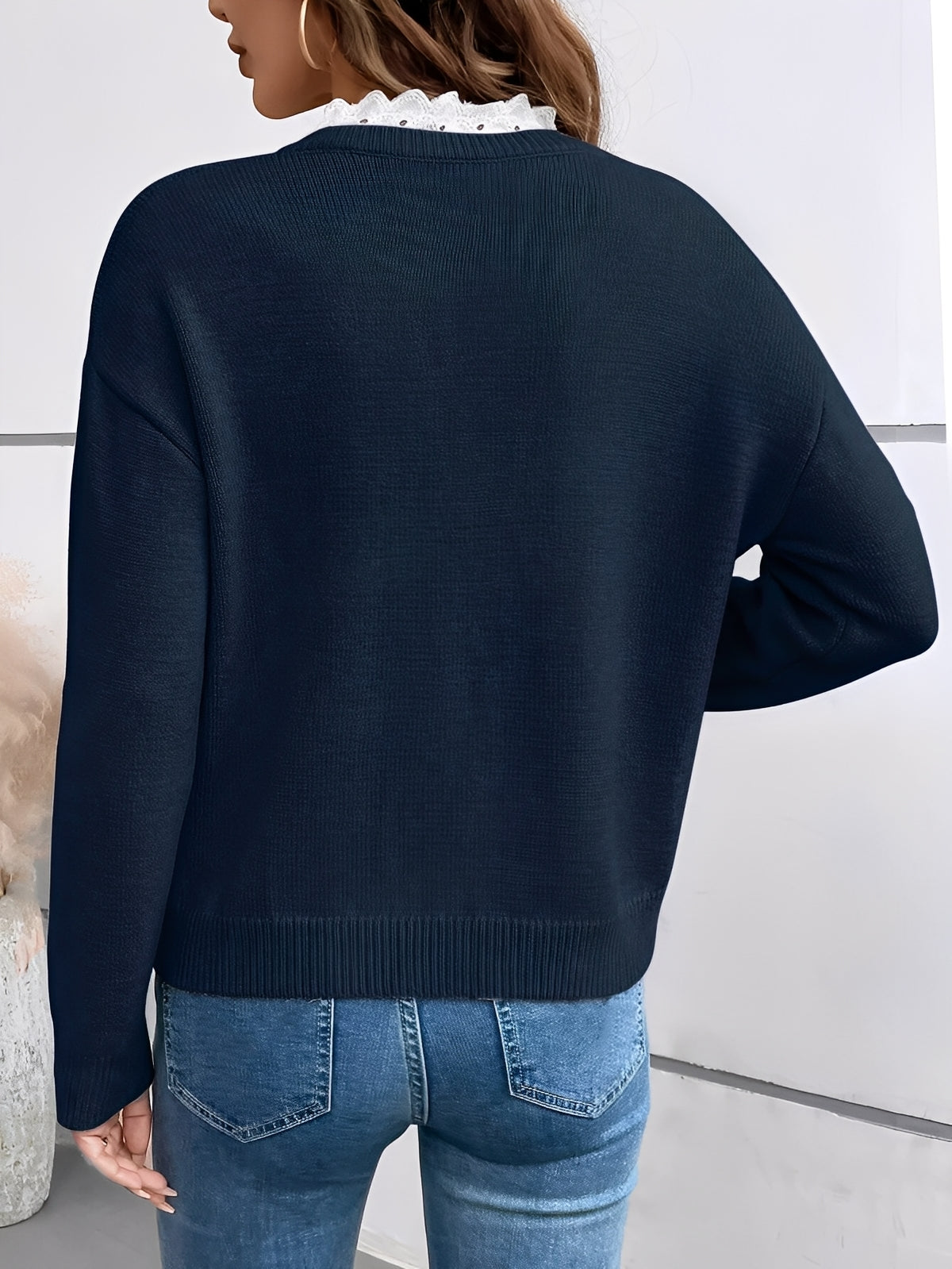 Women's Knit Sweater Lace-Trimmed Neckline Soft Feminine