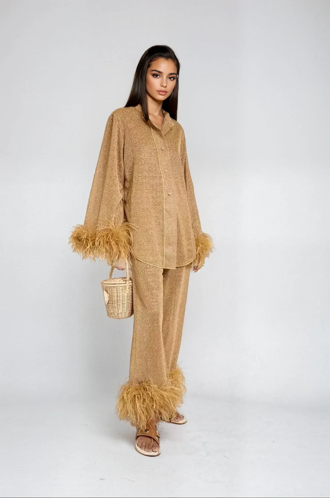 Amara Feather-Trimmed Loungewear Set