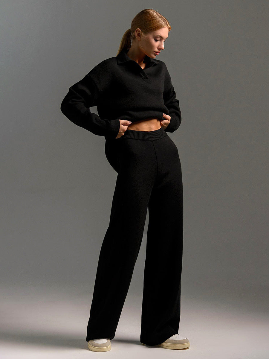 Women's Loungewear Set Wide-Leg Pants Polo Sweater