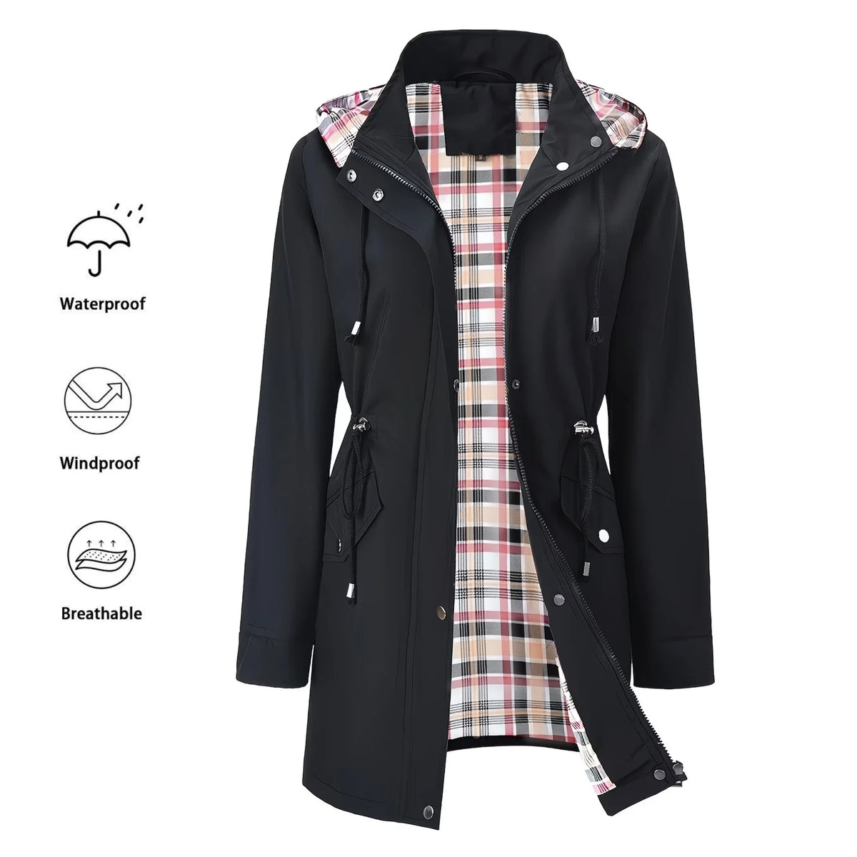 Women's Hooded Trench with Zip Closure and Drawstring Waist