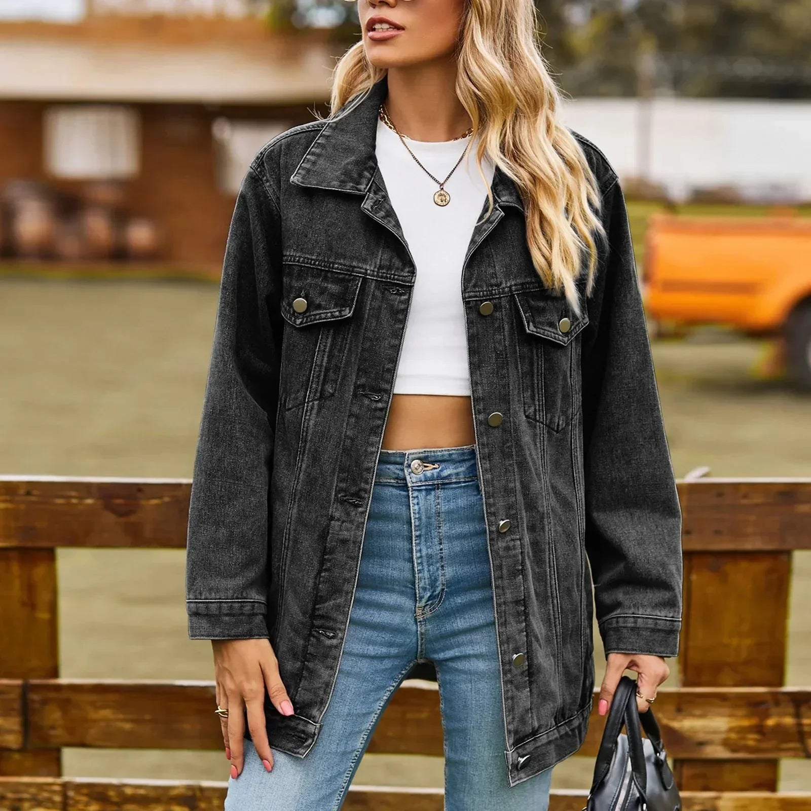 Women's Denim Jacket Washed Finish Flap Pockets