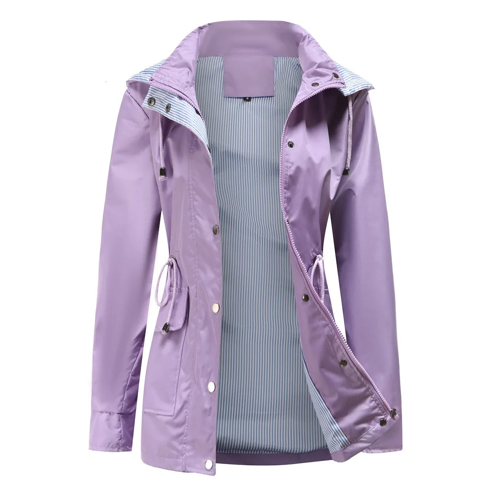 Gabardina con capucha para mujer, resistente al agua, forro a rayas