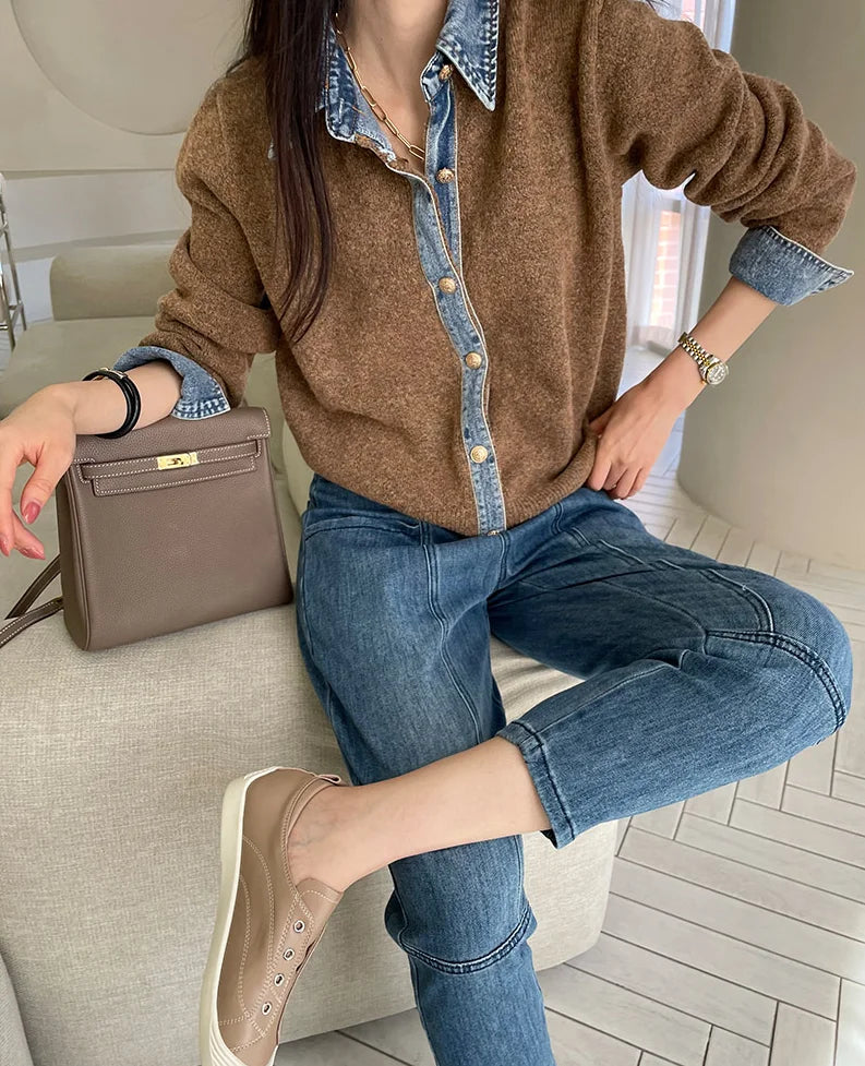 Women's Knit Cardigan Denim Contrast Panels Structured Collar