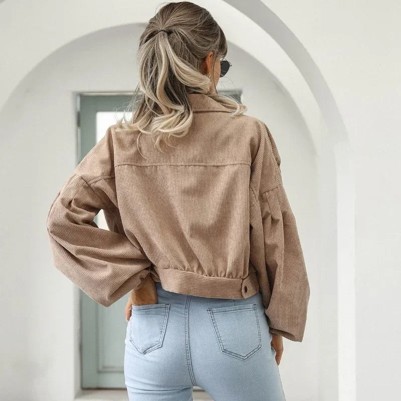 Women's Corduroy Bomber Jacket Cropped Buttoned Collar