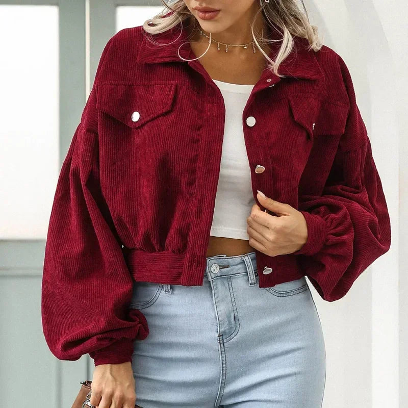 Women's Corduroy Bomber Jacket Cropped Buttoned Collar
