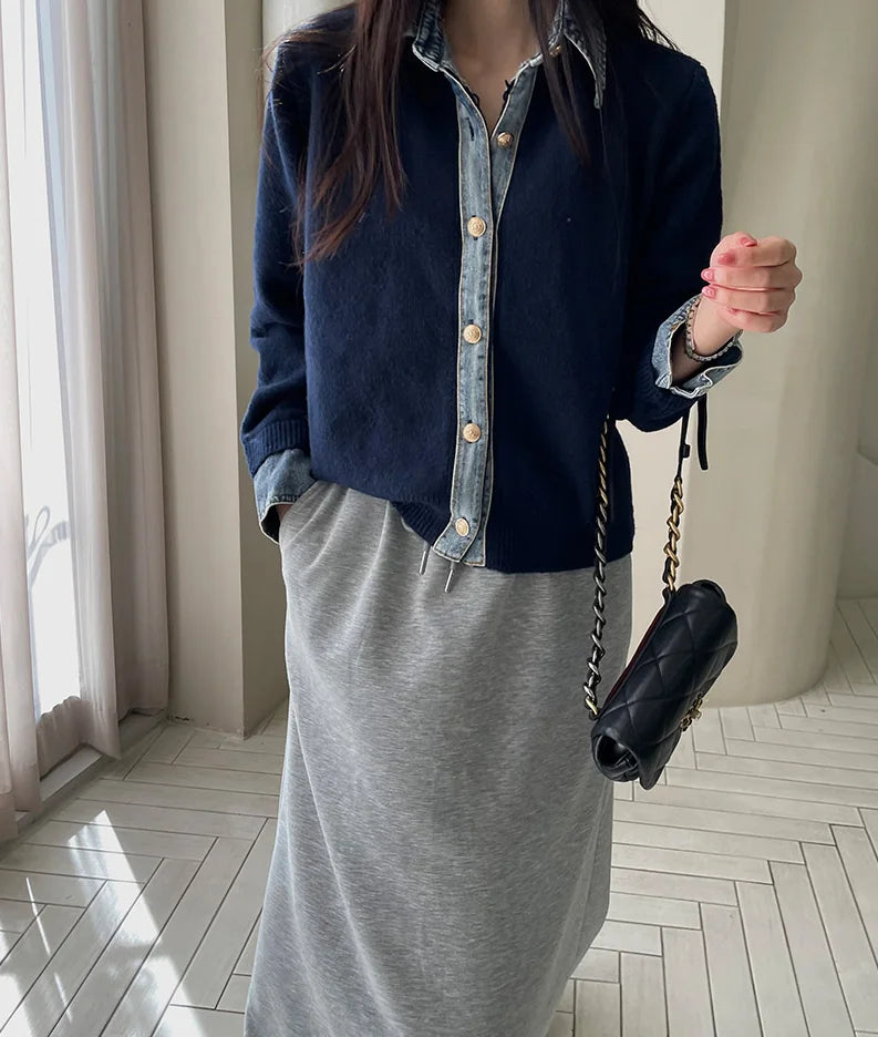 Women's Knit Cardigan Denim Contrast Panels Structured Collar