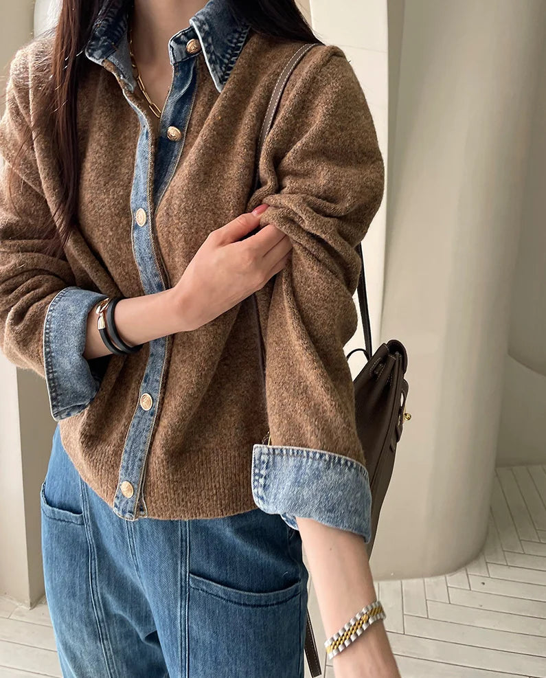 Women's Knit Cardigan Denim Contrast Panels Structured Collar
