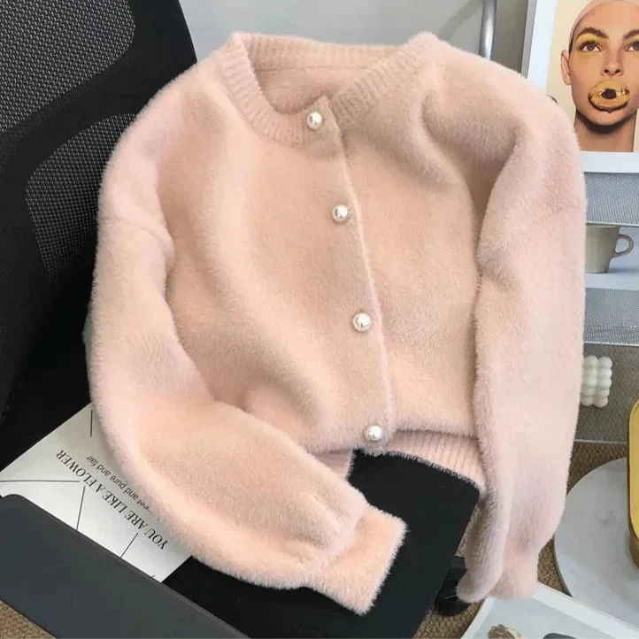 Women's Velvet Knit Cardigan Pearl Buttons Soft Texture