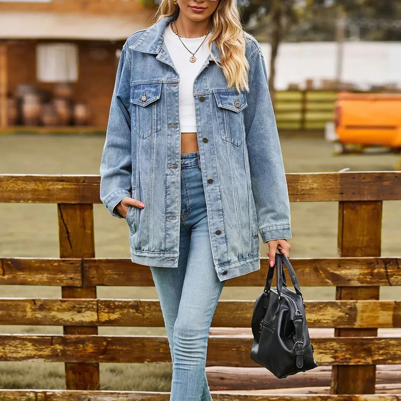 Women's Denim Jacket Washed Finish Flap Pockets