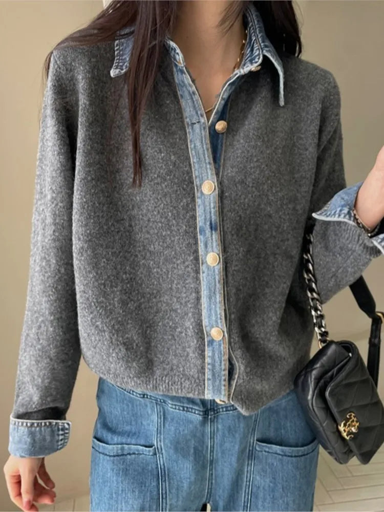 Women's Knit Cardigan Denim Contrast Panels Structured Collar
