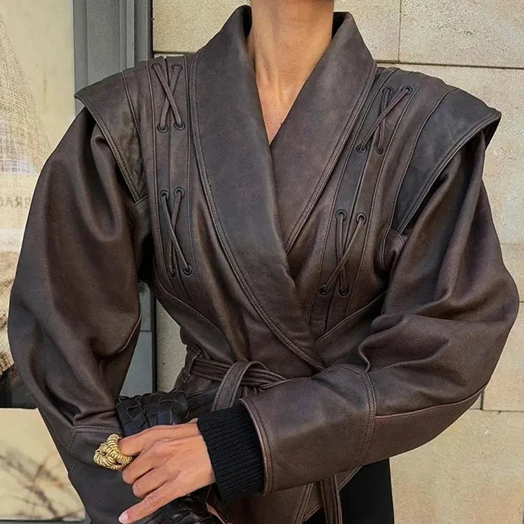 Women's Faux Leather Jacket Lace-Up Structured Shoulders