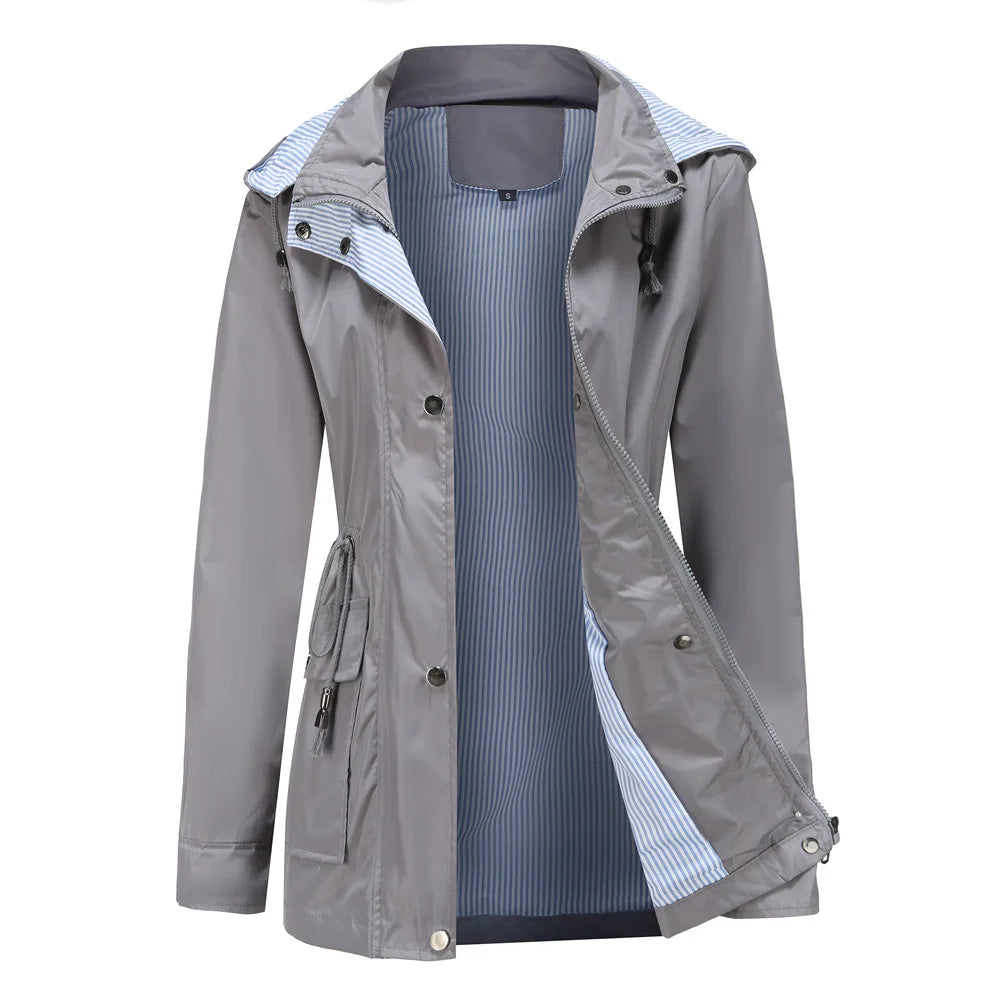 Gabardina con capucha para mujer, resistente al agua, forro a rayas