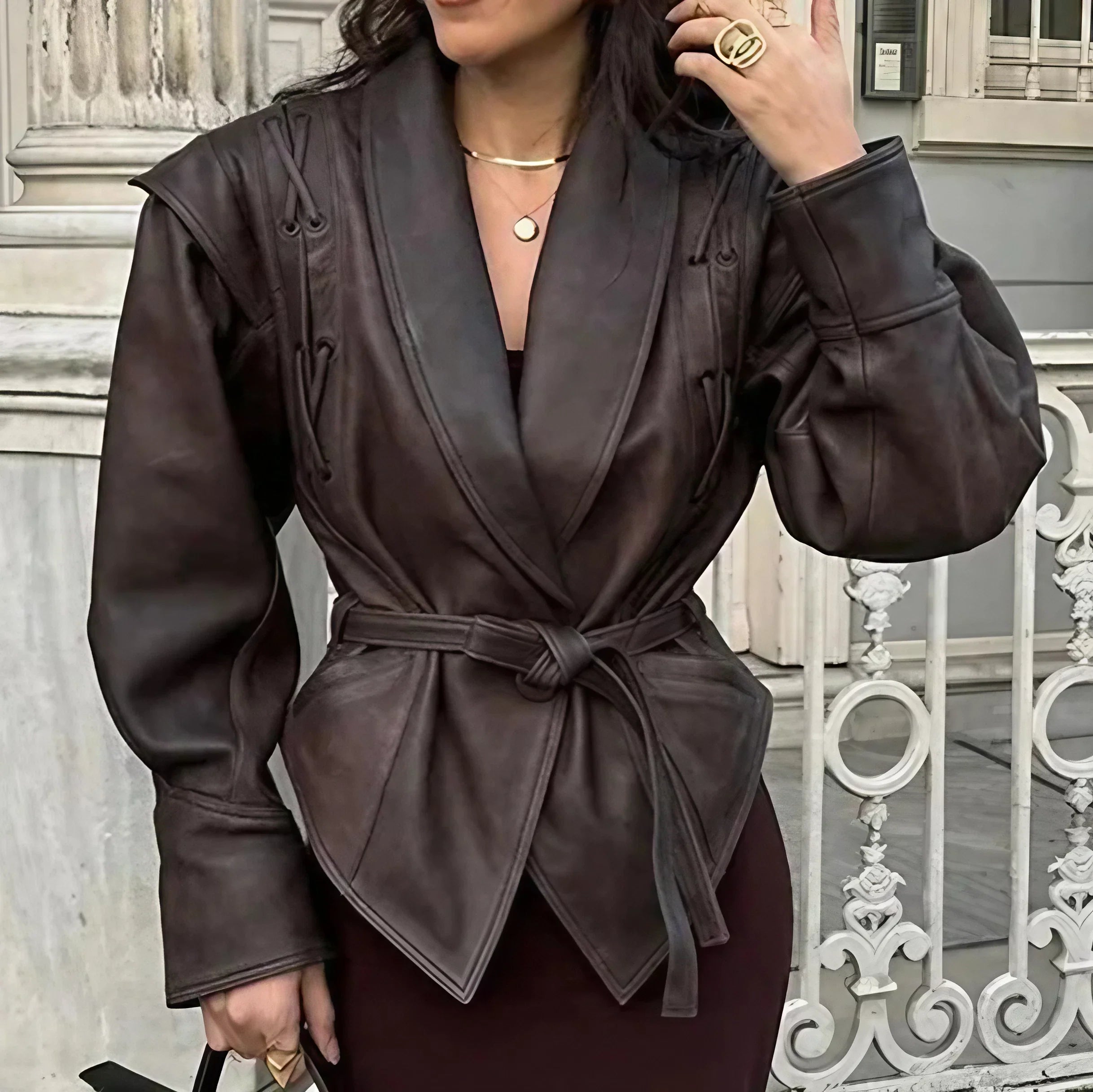 Women's Faux Leather Jacket Lace-Up Structured Shoulders