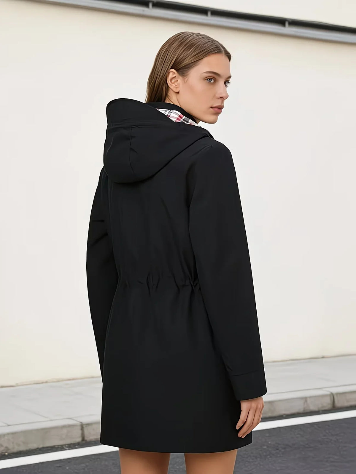 Women's Hooded Trench with Zip Closure and Drawstring Waist