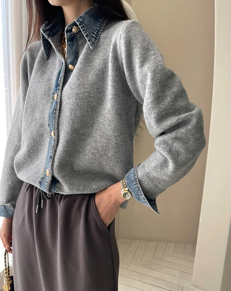 Women's Knit Cardigan Denim Contrast Panels Structured Collar